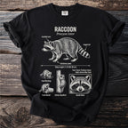 Black t-shirt with raccoon illustration detailing its features and habits.