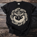 Black t-shirt with a luna moth and stoat flanking a rune inside a berry wreath.