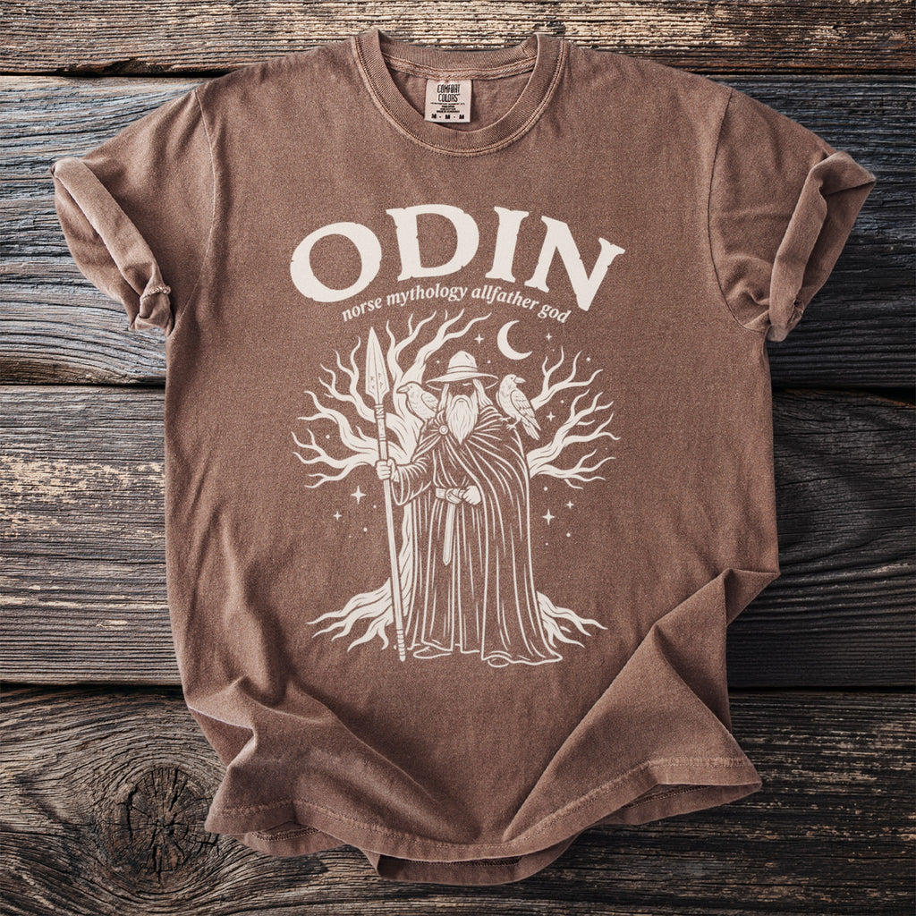 Brown t-shirt with print of Odin, ravens, and a tree, reading "ODIN norse mythology allfather god".