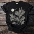 Black t-shirt with a moon, two bats, and a stylized tree with berries.