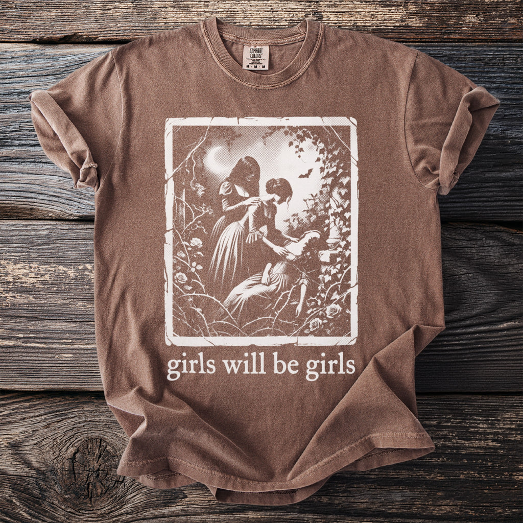 Brown t-shirt with vintage artwork and the text "girls will be girls".