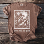 Brown t-shirt with vintage artwork and the text "girls will be girls".