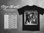 Black t-shirt with werewolf and cat graphic, text "i cannot do this today", and size chart.