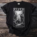 Black t-shirt with R'LYEH design, an ancient pyramid, and text.