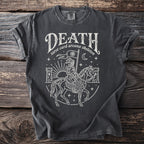Dark gray t-shirt with white outline graphic of skeleton on horse, holding flag, with castles and sun.