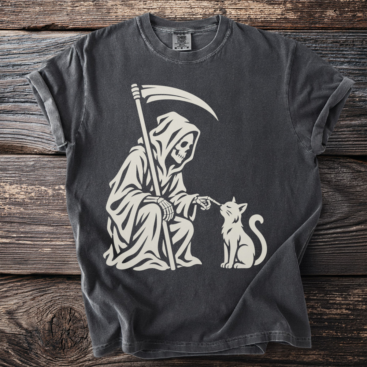 Grim Reaper reaching out to a cat on a dark gray t-shirt.