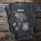 Dark grey t-shirt with illustration and facts about quokkas, including the text "QUOKKA" and scientific name.