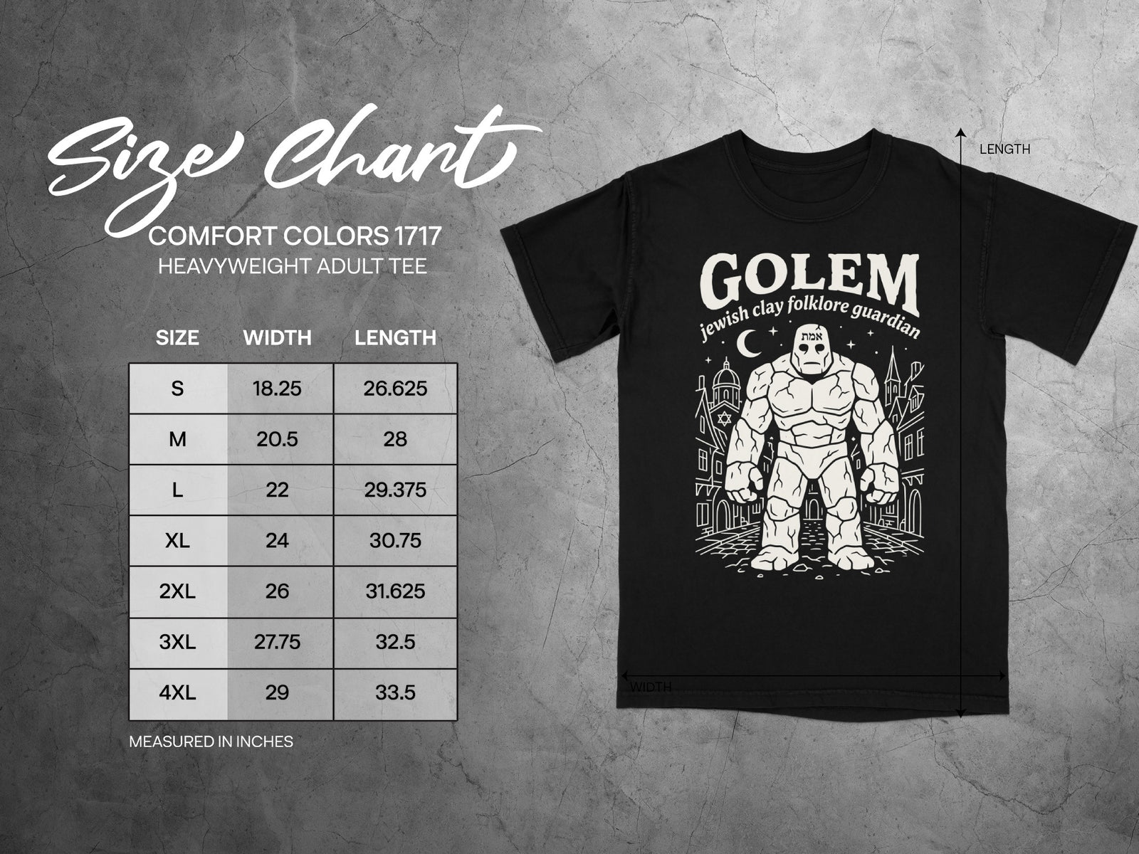 Comfort Colors 1717 garment size chart in inches.