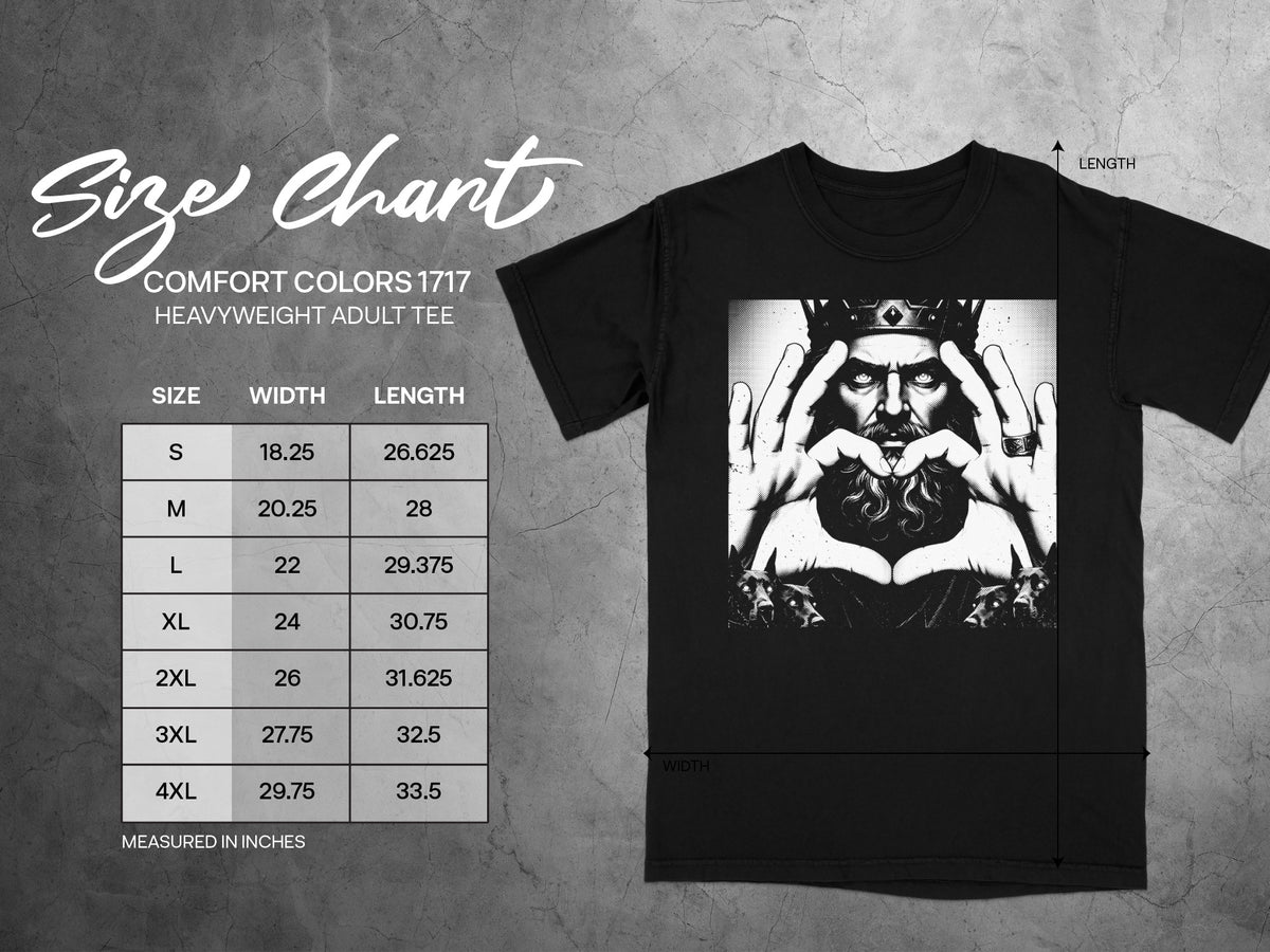 Comfort Colors 1717 heavyweight adult tee size chart with width and length measurements.