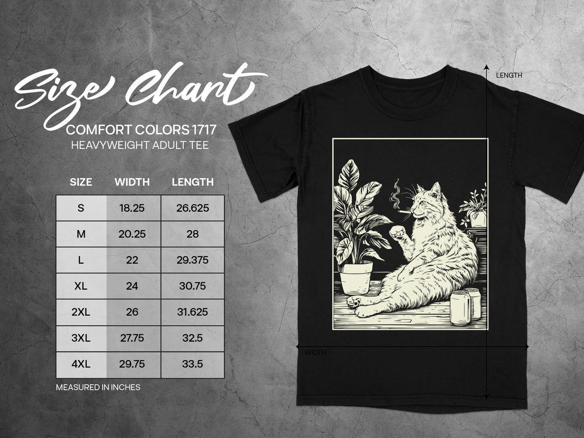 Comfort Colors 1717 heavyweight adult tee size chart with smoking cat graphic.