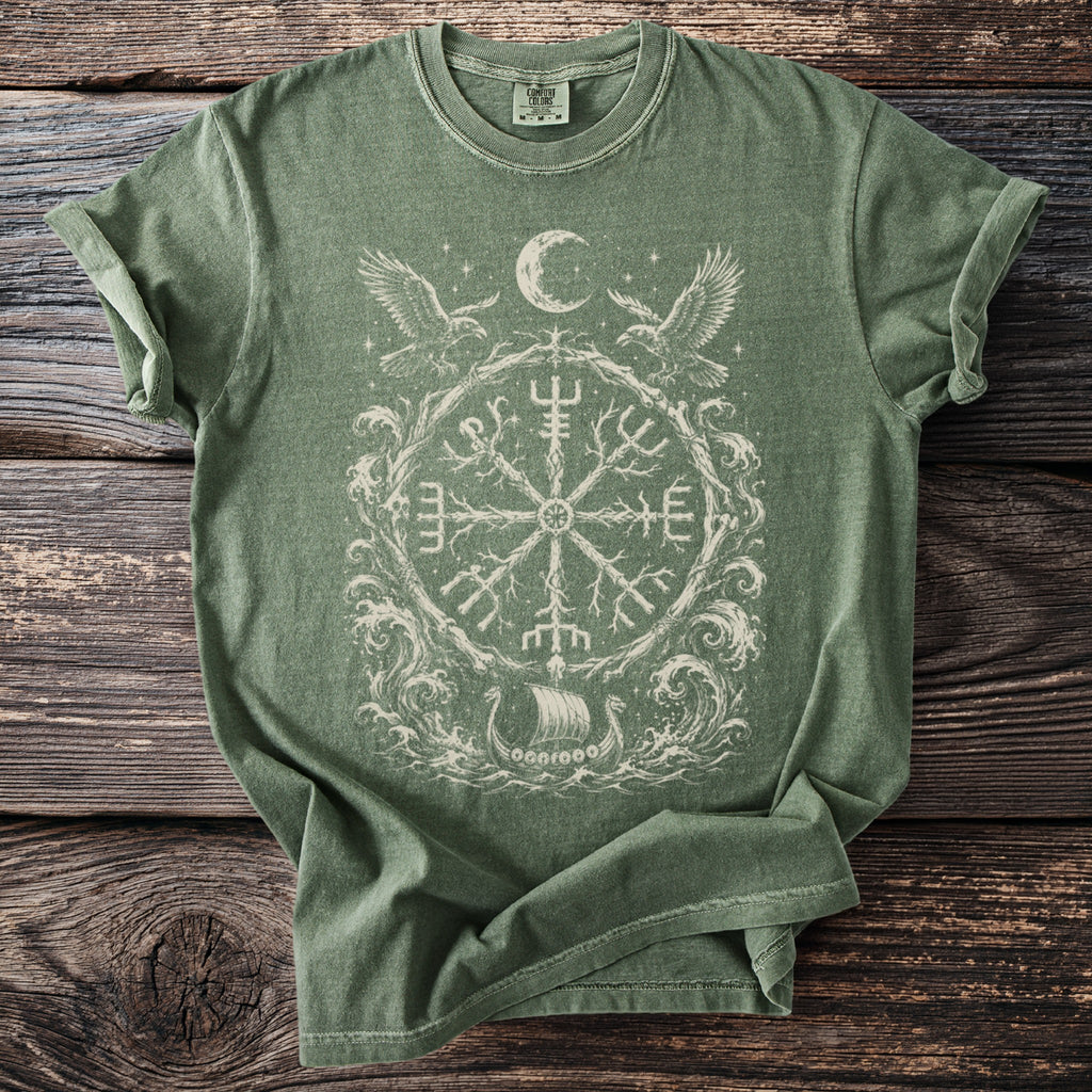 Green t-shirt with a Viking compass design featuring eagles, a ship, and waves.