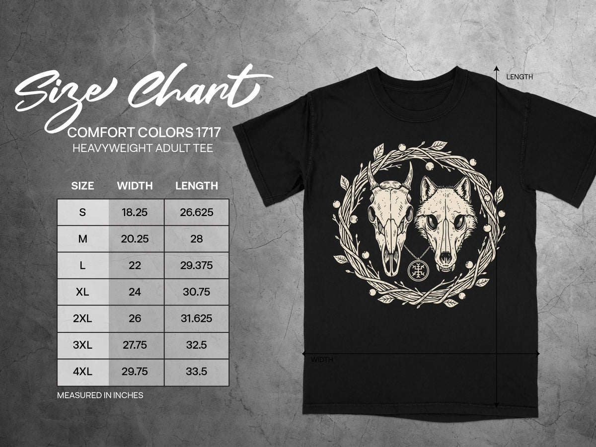 Size chart for Comfort Colors 1717 heavyweight adult tee with measurements in inches.