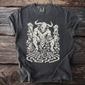 Minotaur in maze with ball of yarn design on charcoal grey t-shirt.