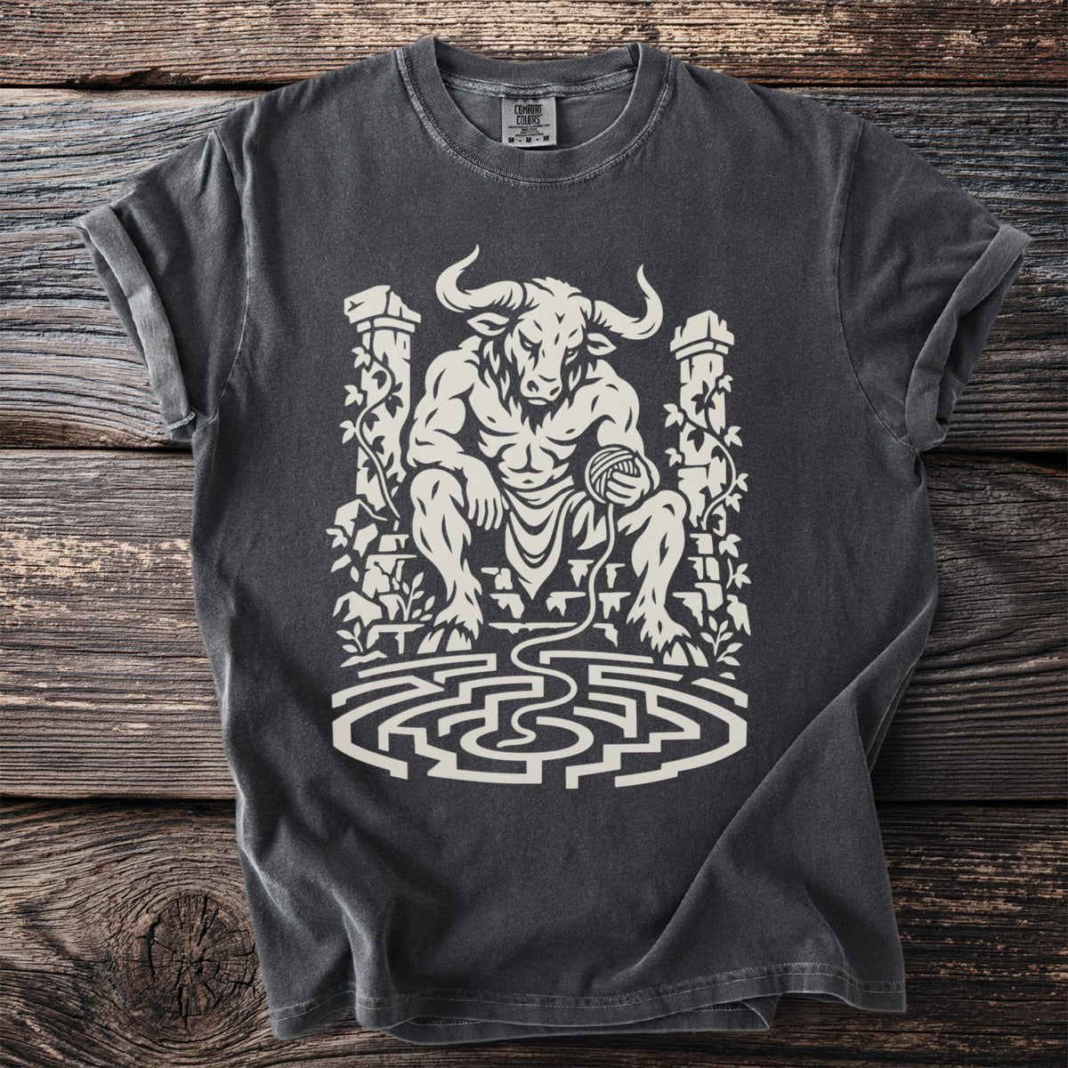 Minotaur in maze with ball of yarn design on charcoal grey t-shirt.