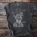 Dark t-shirt with white outline of witch and poisonous plants labeled Cicuta Maculata and Aconitum Napellus.