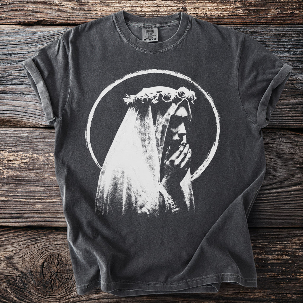 Dark grey t-shirt with white graphic of a veiled figure in a circle.