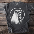 Dark grey t-shirt with white graphic of a veiled figure in a circle.