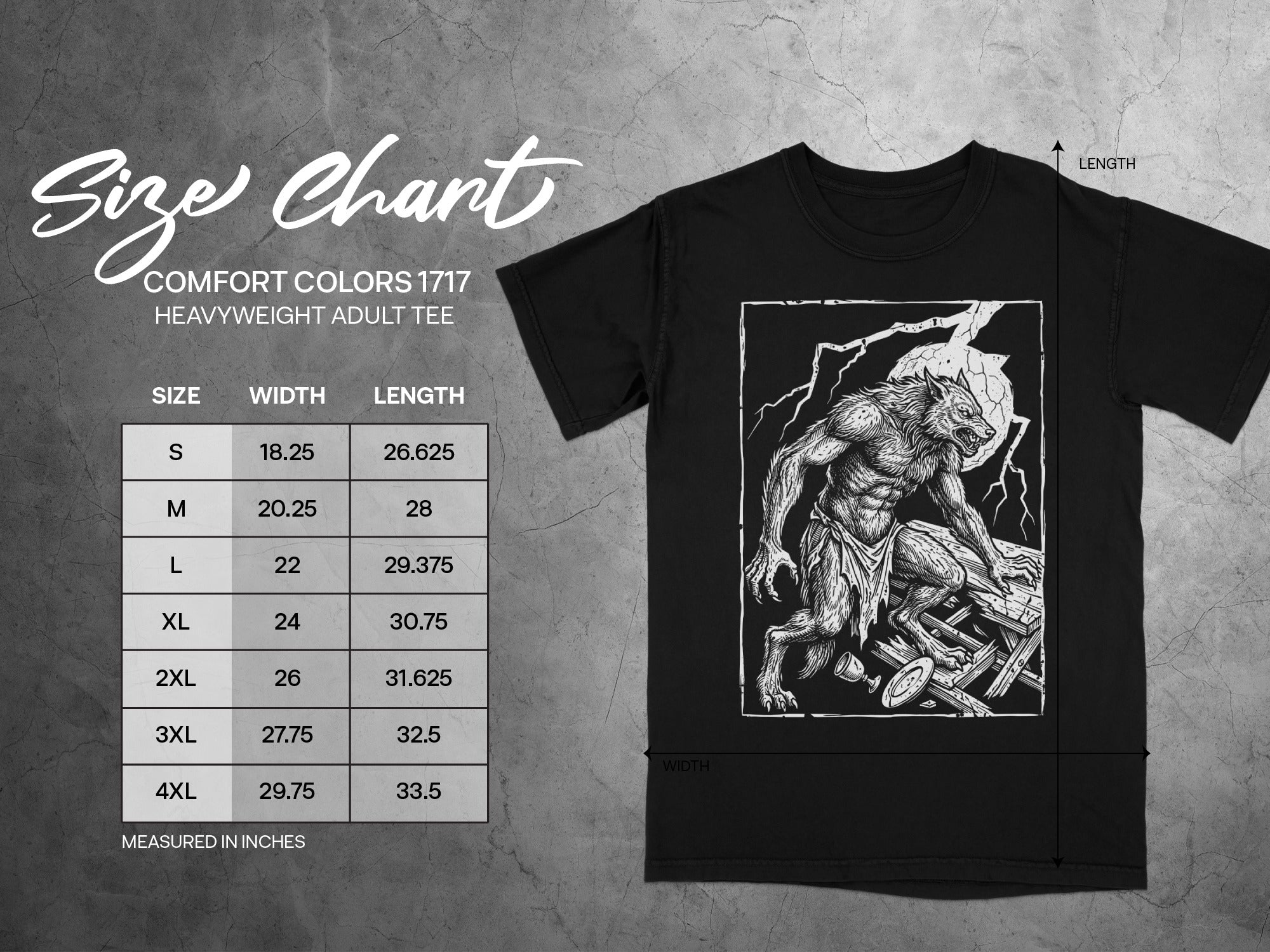 Comfort Colors 1717 heavyweight adult tee size chart with werewolf graphic.
