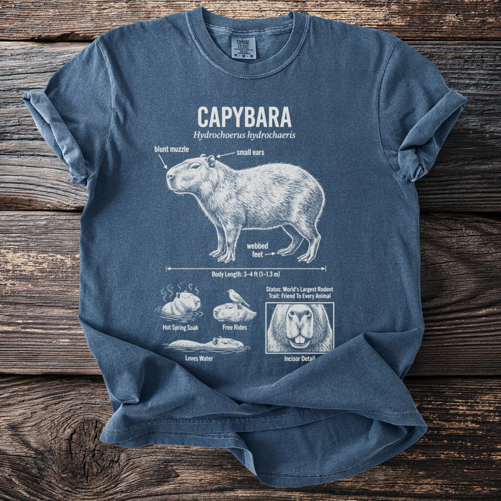 T-shirt with capybara illustration detailing body length, webbed feet, and habits.