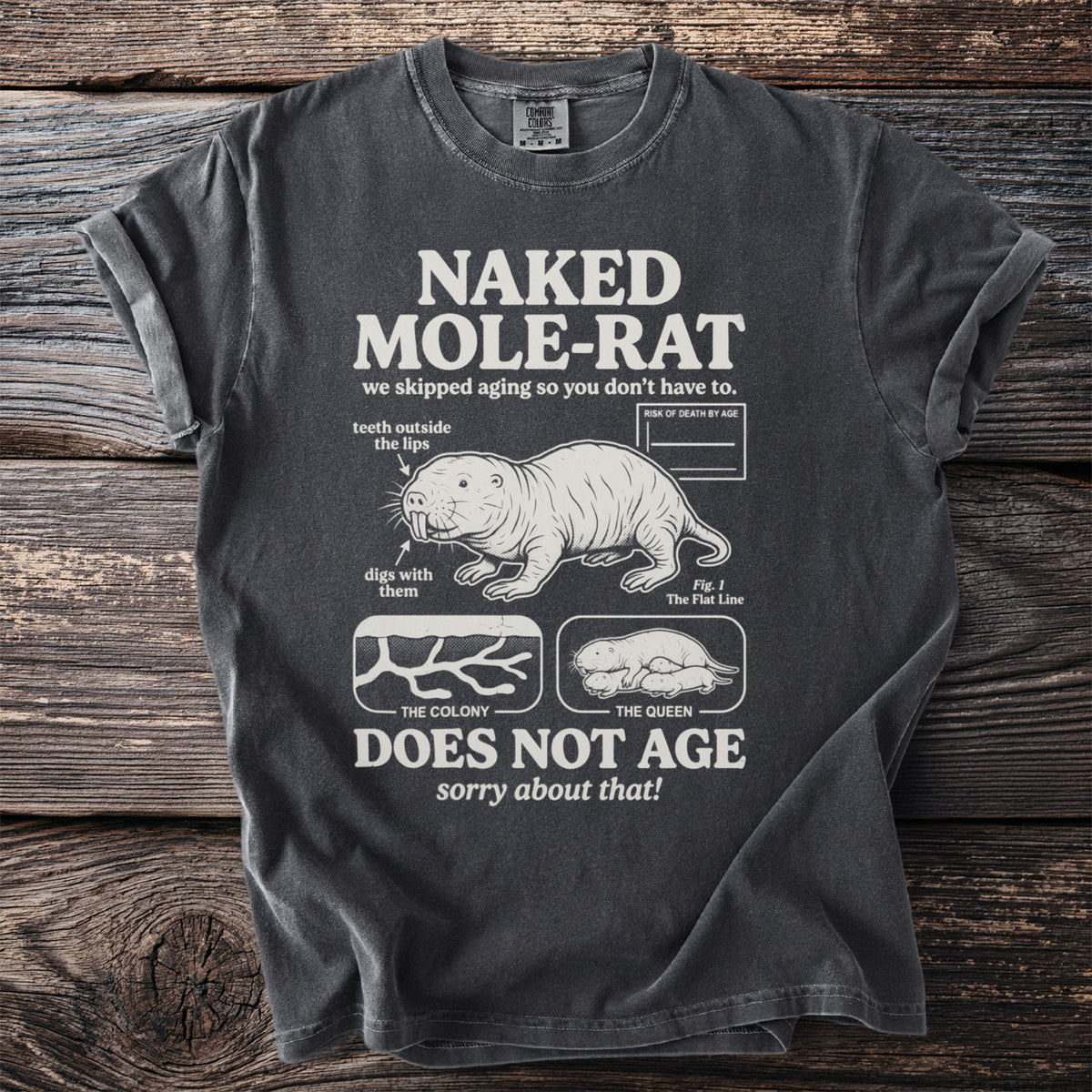 Naked Mole-Rat shirt with illustration and text about aging.