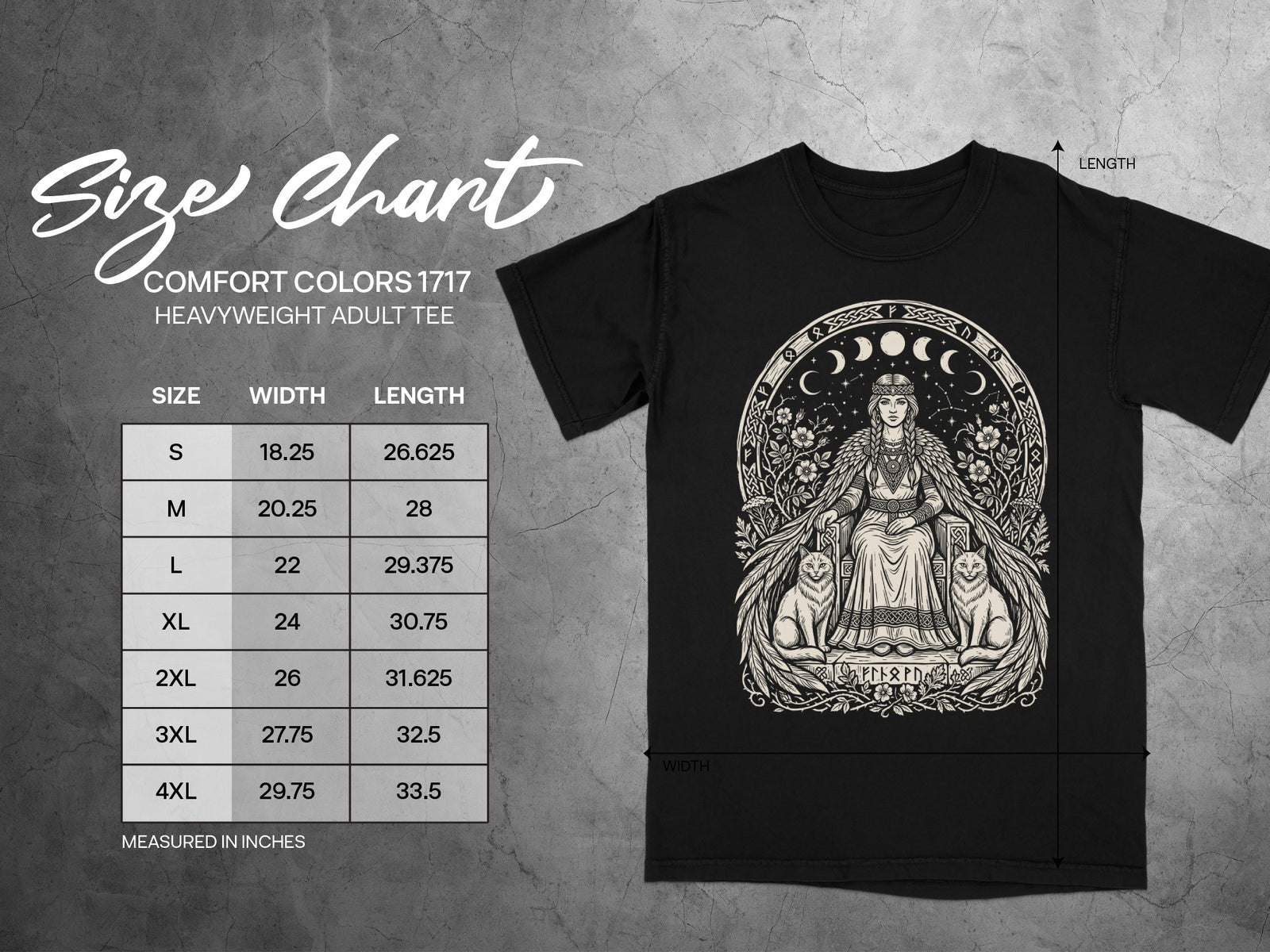 Comfort Colors 1717 size chart for adult heavyweight tees with width and length measurements.