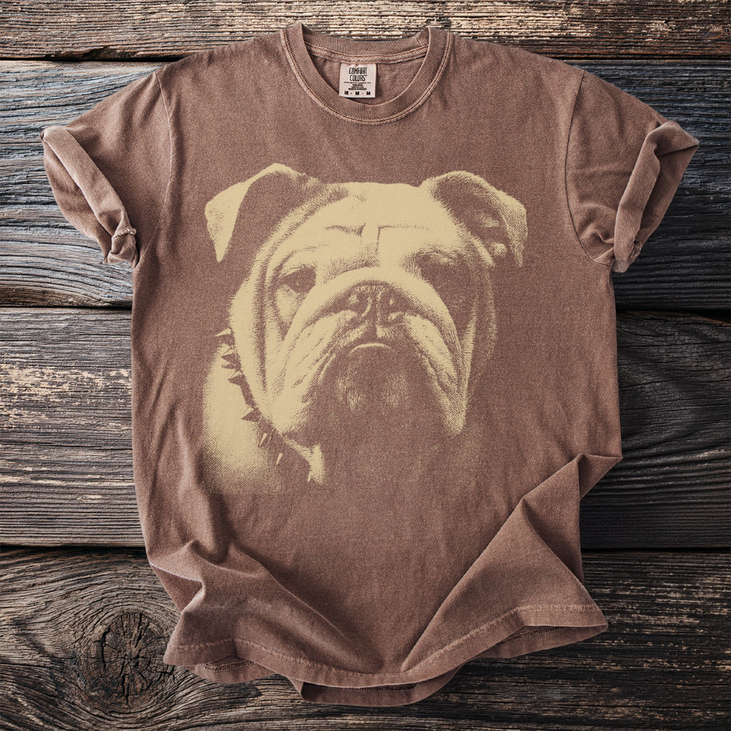 Brown t-shirt with distressed bulldog graphic and short sleeves.