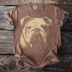Brown t-shirt with distressed bulldog graphic and short sleeves.