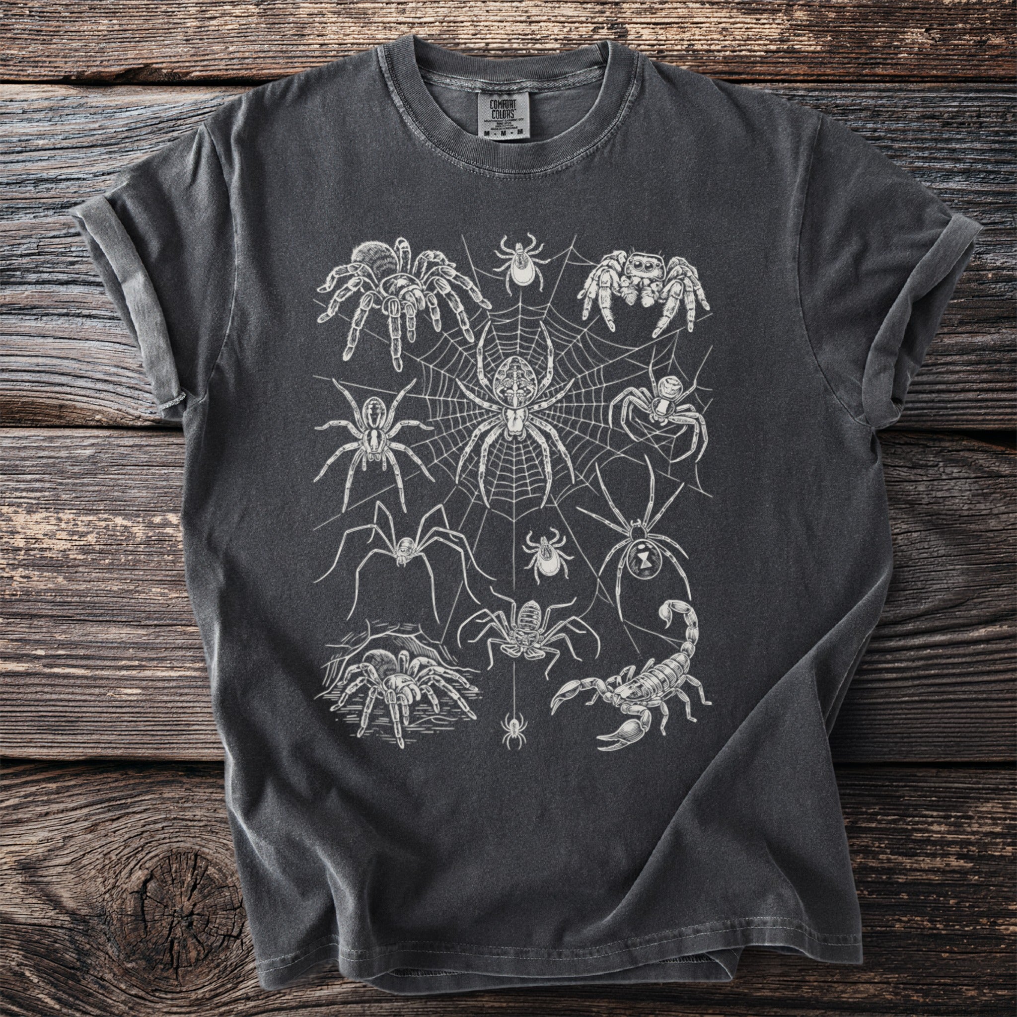 Dark t-shirt with a white line drawing of various spiders and a scorpion on a web.