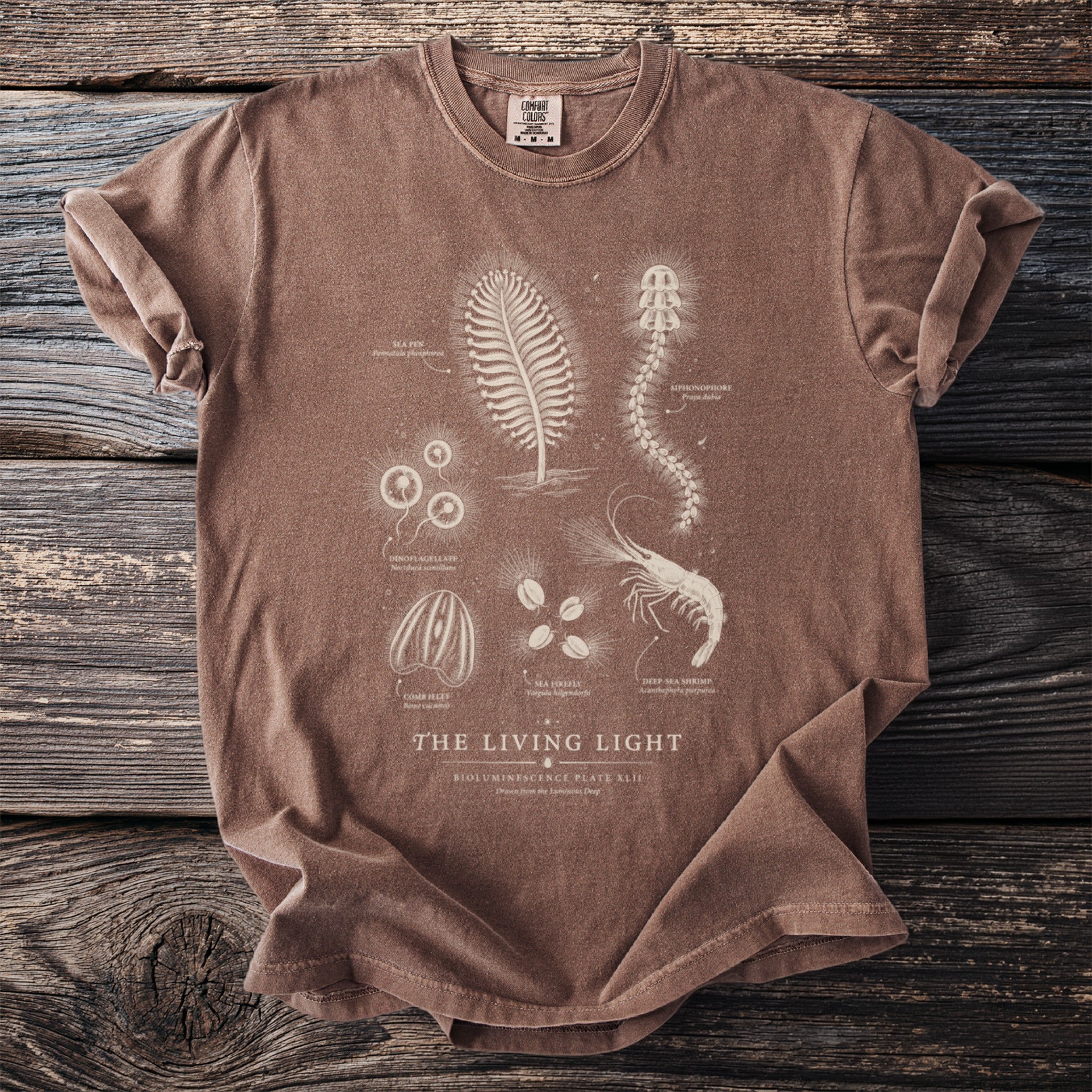 Brown t-shirt with "The Living Light" text and detailed bioluminescent sea creature illustrations.