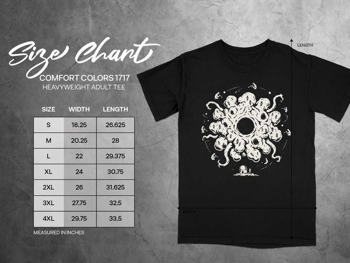 Comfort Colors 1717 heavyweight adult tee size chart with width and length measurements in inches.