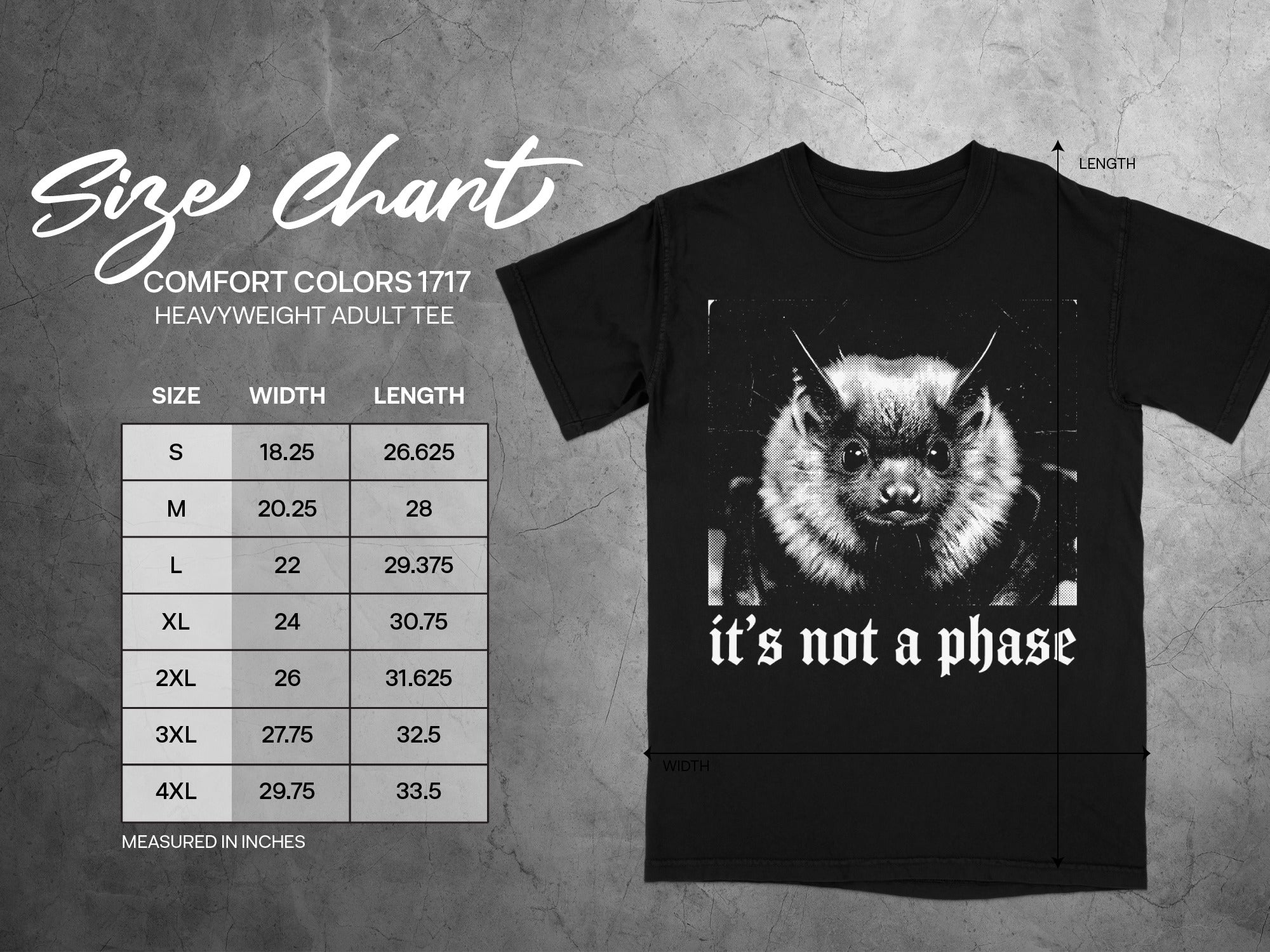 Black t-shirt with bat graphic, text "it's not a phase", and size chart.