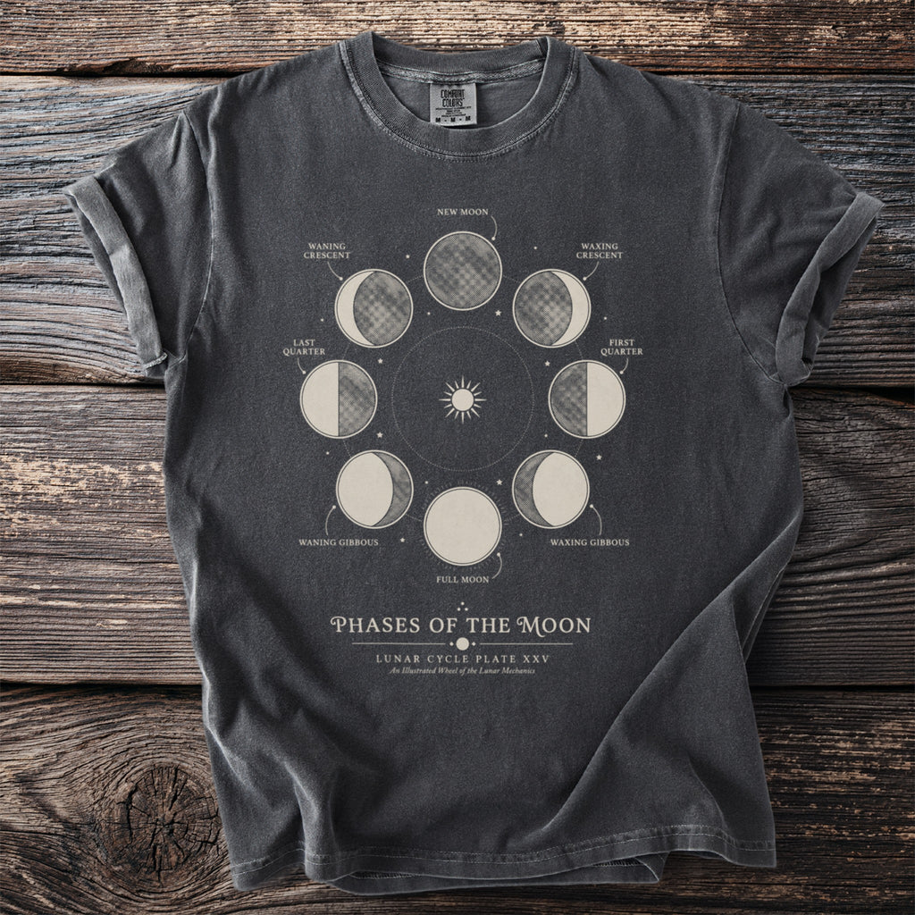 T-shirt with a Moon Phases diagram and text "Phases of the Moon".