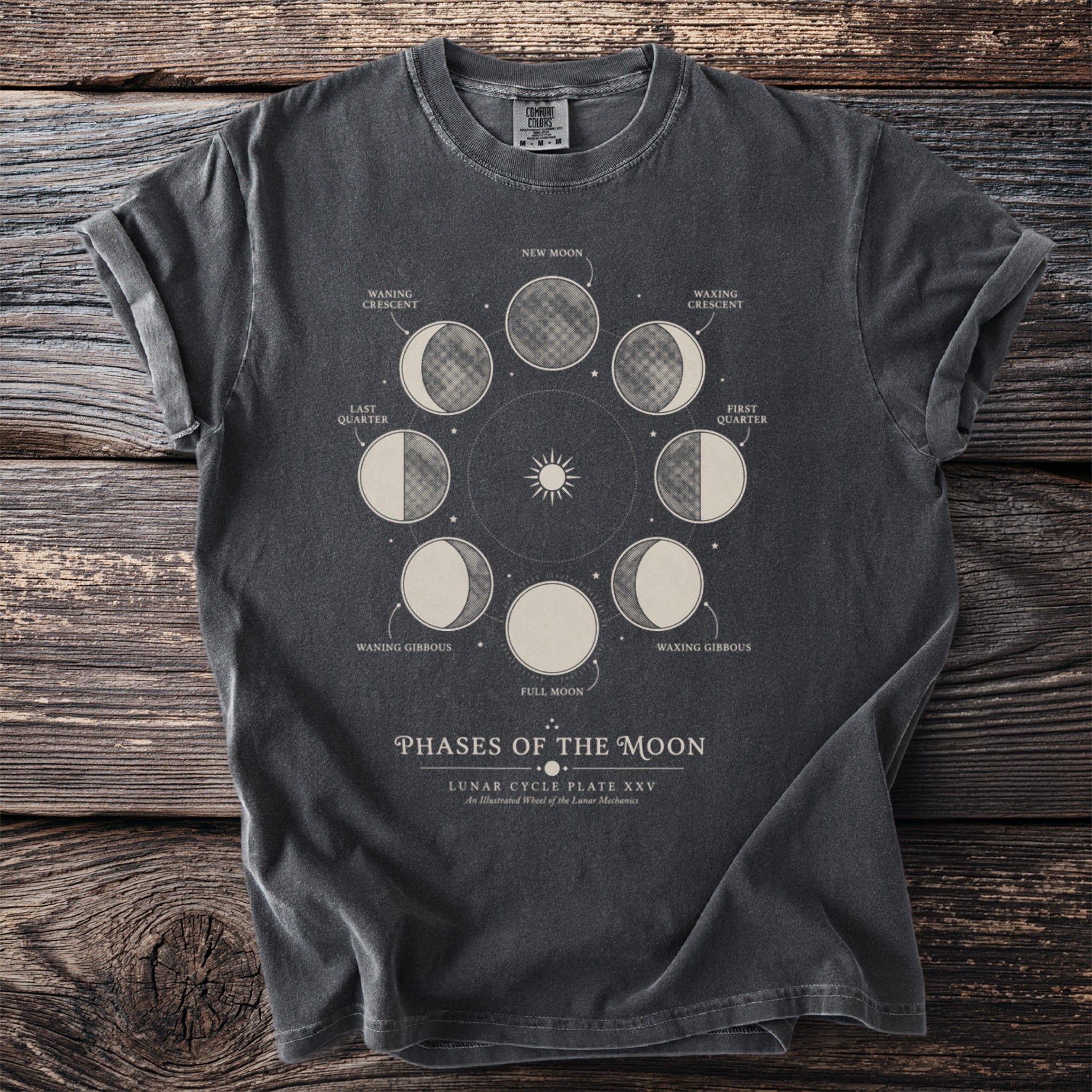 T-shirt with a Moon Phases diagram and text "Phases of the Moon".