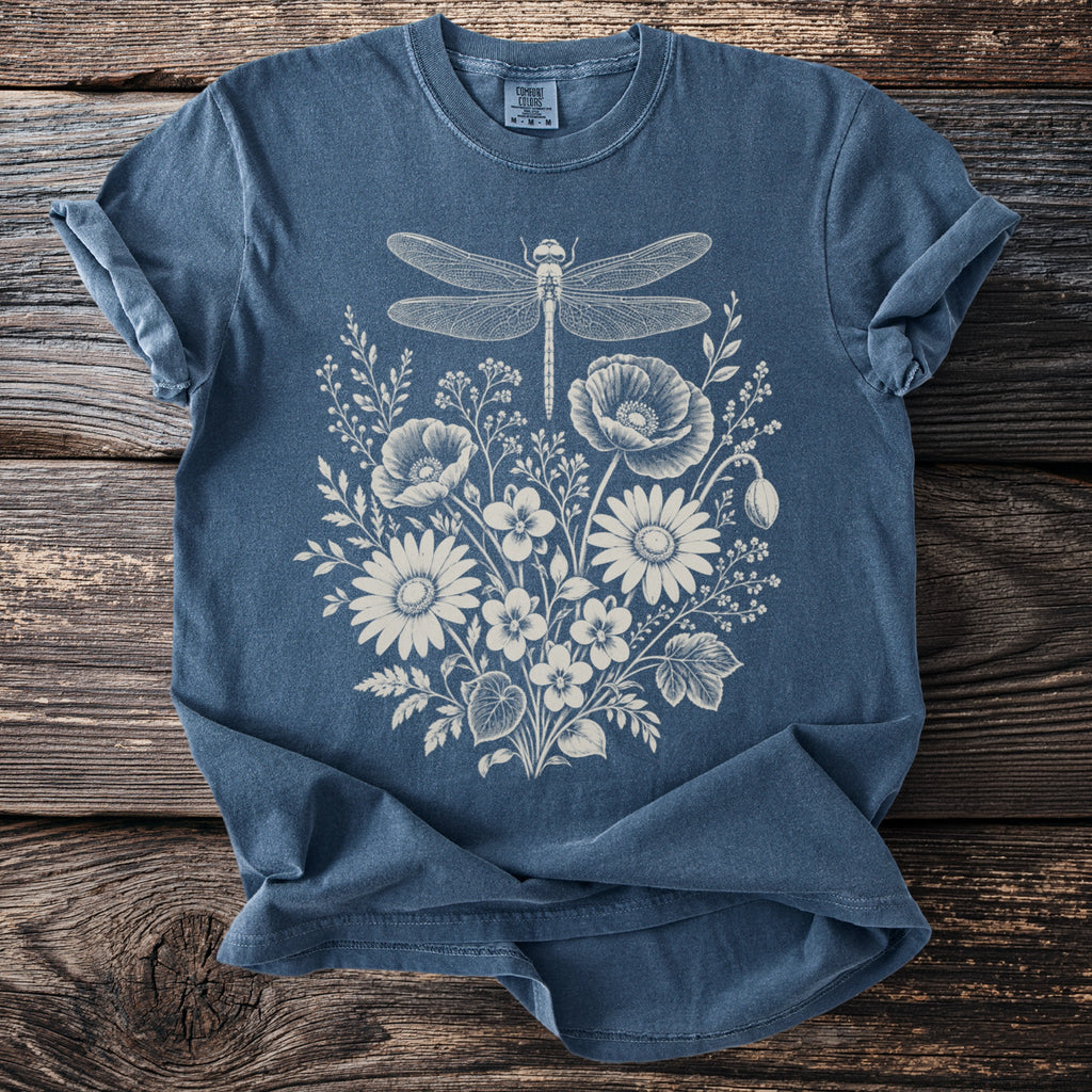 Blue t-shirt with a white line drawing of a dragonfly above a bouquet of flowers.