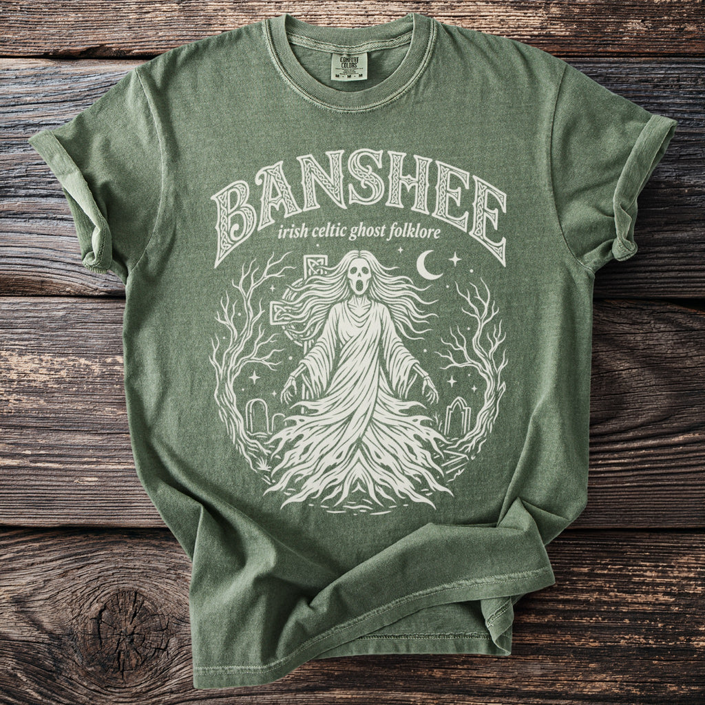 Green t-shirt with "Banshee irish celtic ghost folklore" text and a ghost graphic.