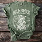 Green t-shirt with "Banshee irish celtic ghost folklore" text and a ghost graphic.