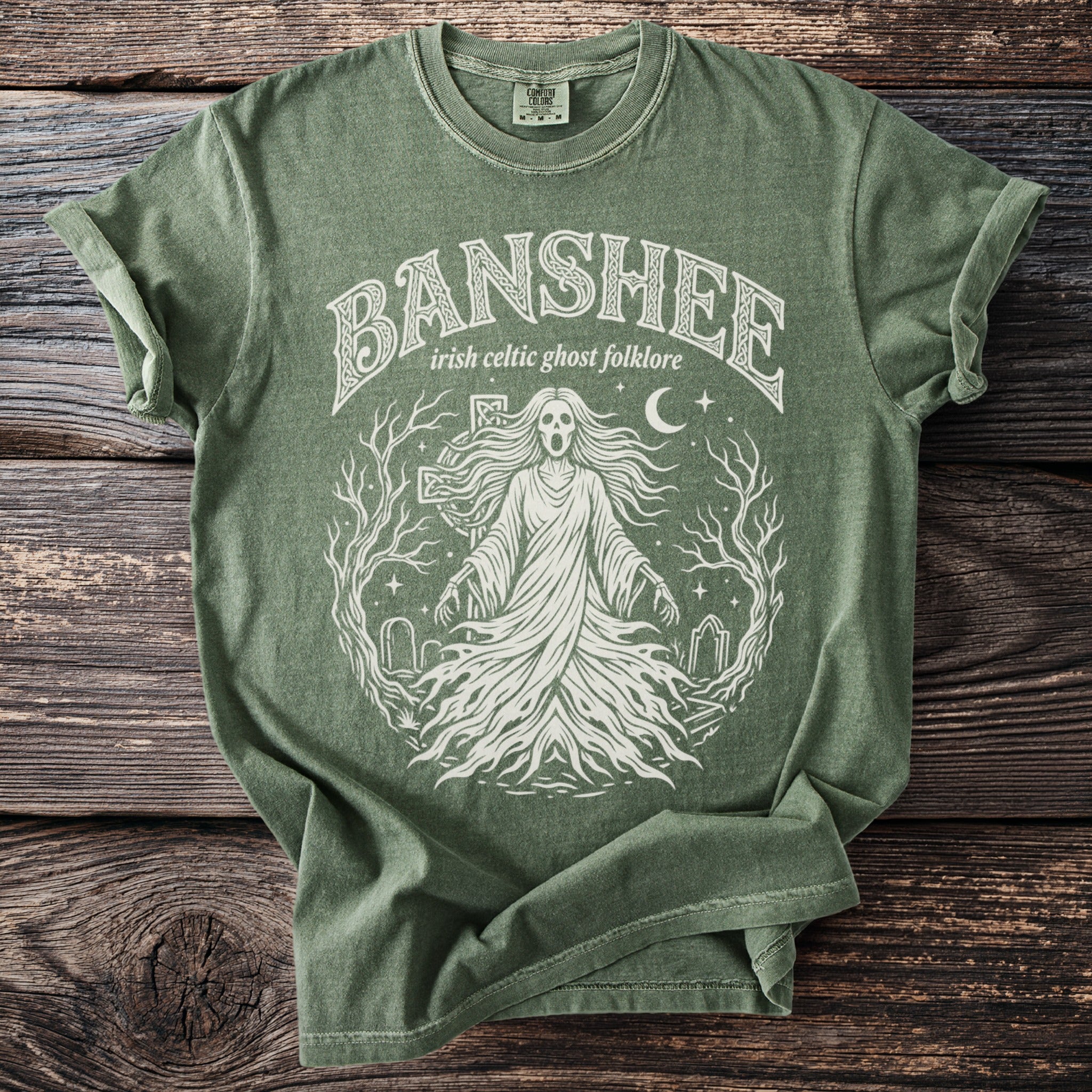 Green t-shirt with "Banshee irish celtic ghost folklore" text and a ghost graphic.