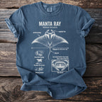 Blue t-shirt with Manta Ray anatomical diagram and facts, wingspan, and body parts labeled.
