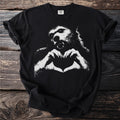 Black t-shirt with white graphic of a werewolf making a heart shape.