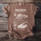 Brown t-shirt with anglerfish illustration and scientific details.