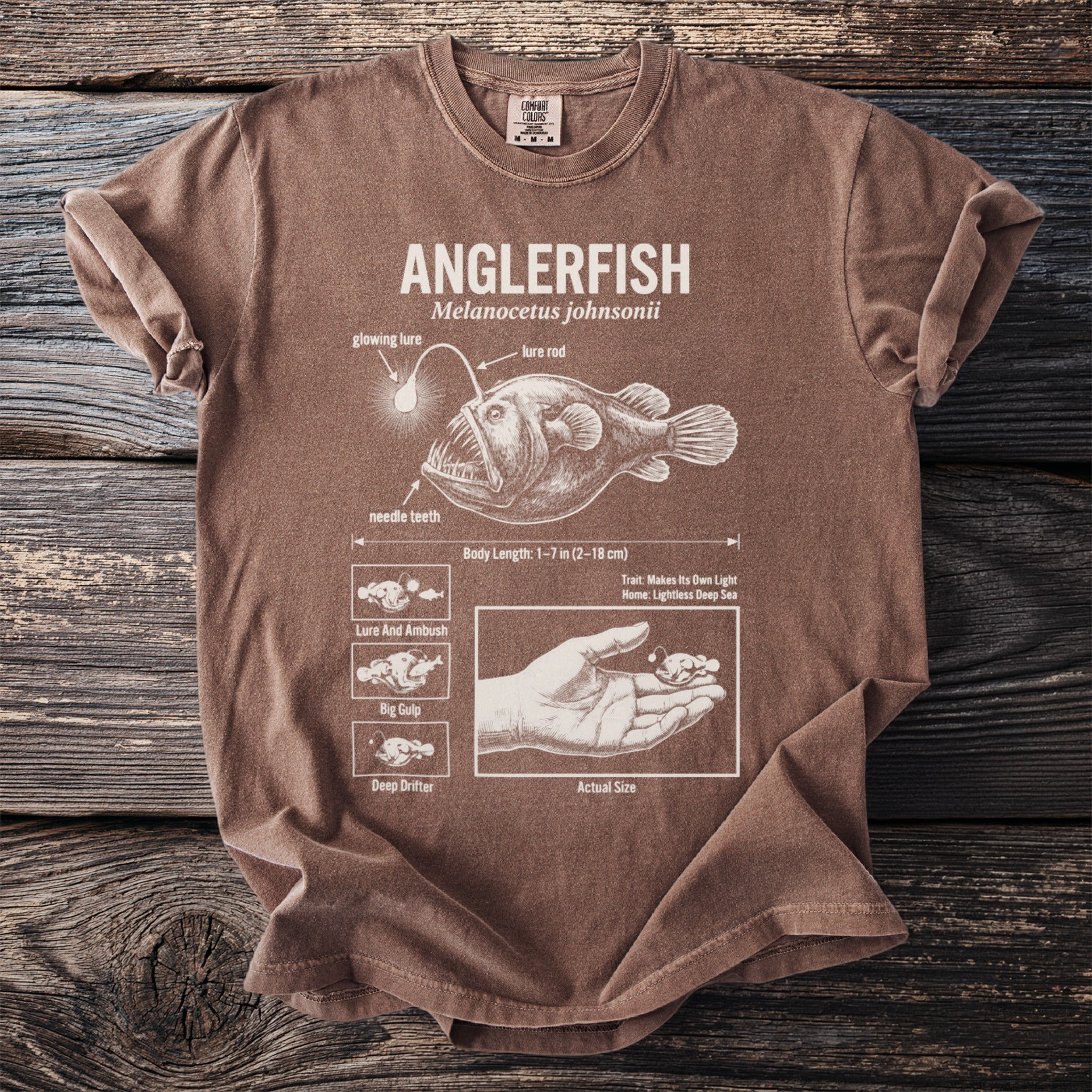 Brown t-shirt with anglerfish illustration and scientific details.