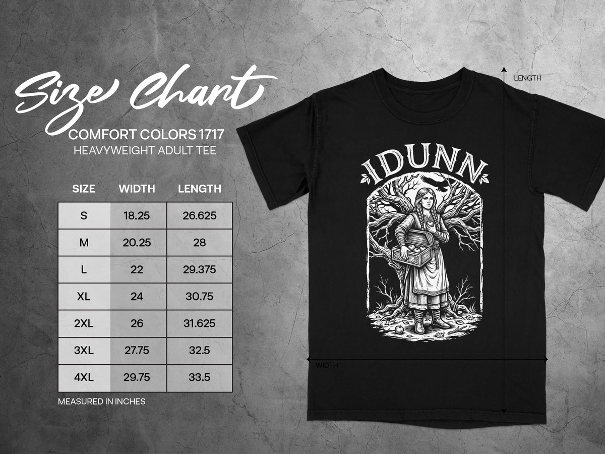 Comfort Colors 1717 heavyweight adult tee size chart with garment dimensions measured in inches.