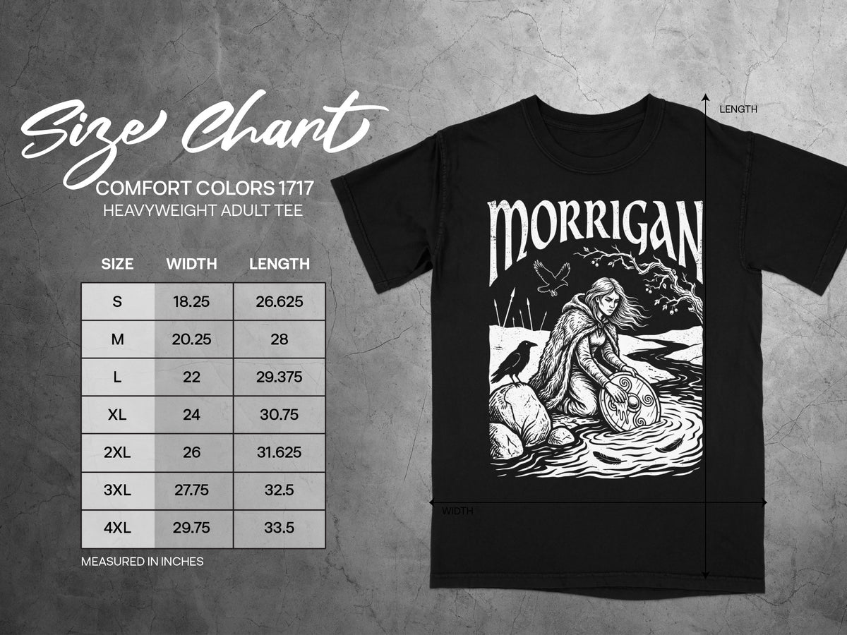 Comfort Colors 1717 size chart for a heavyweight adult tee, featuring a Morrigan graphic.