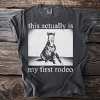 Dark grey t-shirt with horse and "this actually is my first rodeo" text.