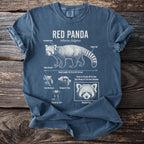 Blue t-shirt with red panda diagram and facts: "RED PANDA Ailurus fulgens," body length, and habitat.