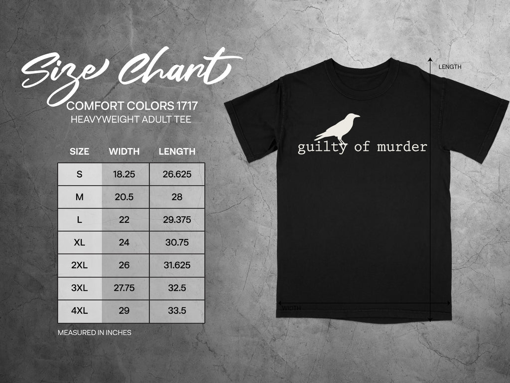 Comfort Colors 1717 adult tee size chart with width and length measurements.