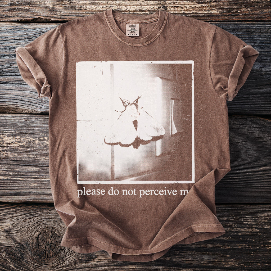 Brown t-shirt with moth graphic and text "please do not perceive m".