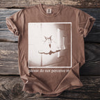 Brown t-shirt with moth graphic and text "please do not perceive m".