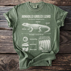 Green t-shirt with diagram and facts about the Armadillo Girdled Lizard.