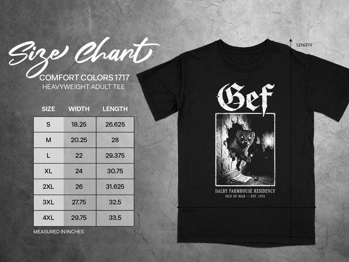 Comfort Colors 1717 heavyweight adult tee size chart with black t-shirt graphic.